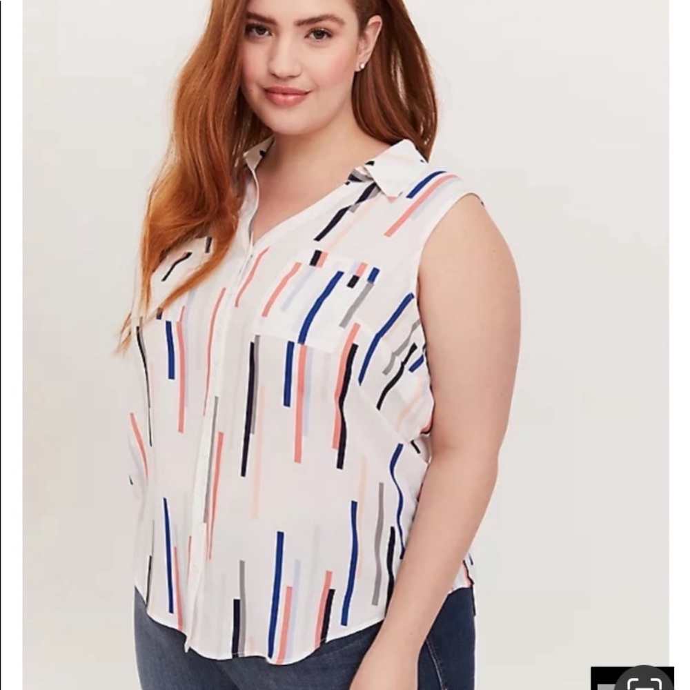 Torrid Madison White & Multi Line Georgette Button Front Tank